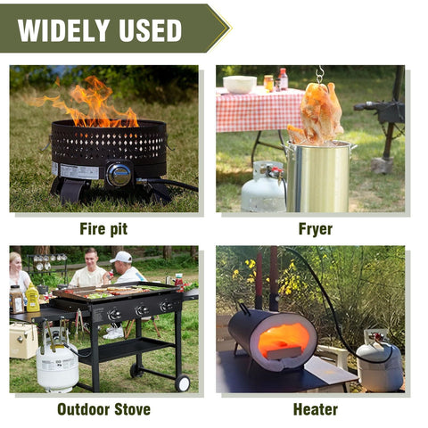 Propane Regulator With Four Foot High Pressure Hose, Adjustable 0-20 PSI Gas Burner Control For Propane Tanks, Perfect For Grills, Fire Pits, Heaters, And Outdoor Cooking Equipment displayed in various uses: fire pit, fryer, outdoor stove, and heater.