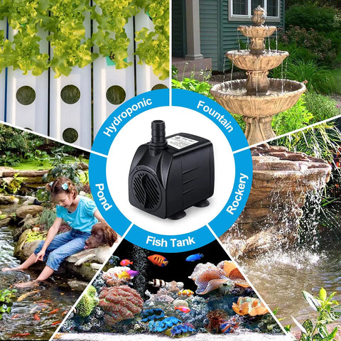 Quiet Submersible Fountain Pump 160 GPH 10W Outdoor Water Pump With Beefy Four Point Nine Foot Tubing And One Third Inch Inner Diameter And Three Nozzles For Aquarium Pond Fish Tank Water Fountain Feature Durable And Ultra Quiet For Patios displayed with usage examples in gardens and aquariums.