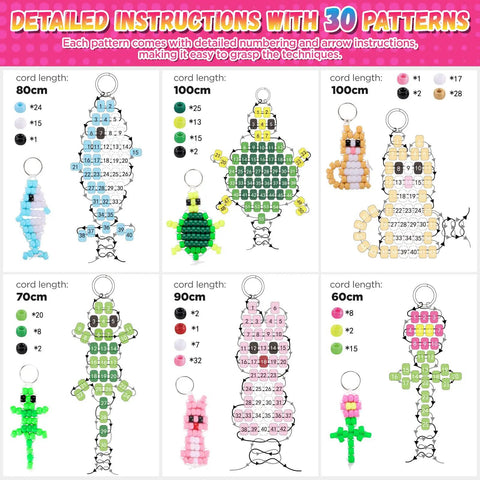 Beads For Crafts 1500 Beads Bead Kit With 30 Design Patterns for keychains and bead pets, instructions shown.