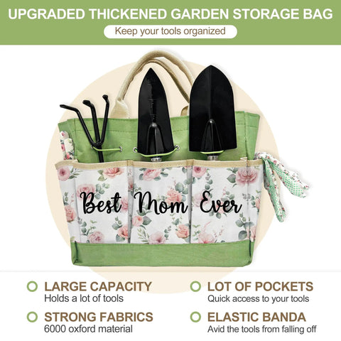 Best Mom Gift Set For Mothers Day From Daughters Floral Garden Tool Kit with green tote and pockets, includes hand tools
