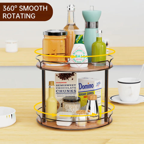 12.4 Inch Two Tier Lazy Susan Organizer Rotating Wooden Spice Rack For Inside Cabinets Pantry Kitchen Countertop with condiments