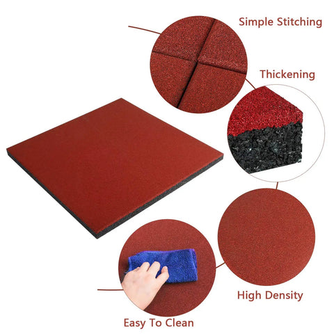 Close-up of a red 4 Pack 20x20 Inch Interlocking Rubber Floor Tiles 1 Inch Thick Non Slip Heavy Duty Mats with cleaning detail.