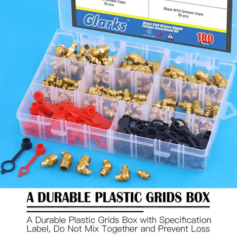 180Pcs SAE Brass Hydraulic Grease Fittings Kit with red and black caps in plastic box