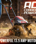 Powerful 16 Inch Corded Electric Tiller Cultivator With 13.5 Amp Motor in action on garden soil