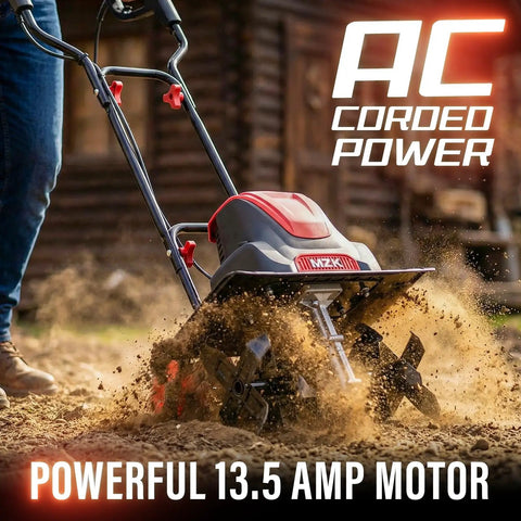 Powerful 16 Inch Corded Electric Tiller Cultivator With 13.5 Amp Motor in action on garden soil