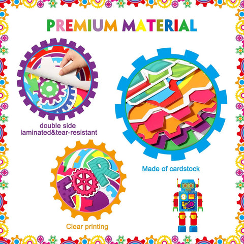 Gear Up Your Classroom With 52 Piece Robot Bulletin Board Set Featuring gears, cardstock material, and clear printing