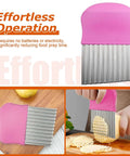 Waffle fry cutter with pink handle and stainless steel crinkle blades; 2-pack kitchen tool by Amazon.