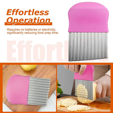 Waffle fry cutter with pink handle and stainless steel crinkle blades; 2-pack kitchen tool by Amazon.