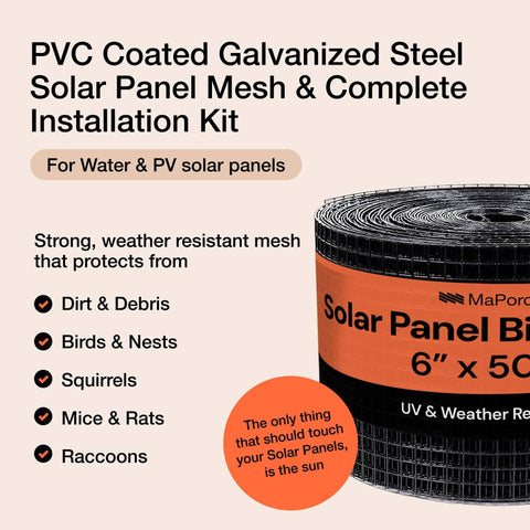 Close-up of PVC coated steel solar panel bird guard mesh roll showing 6-inch width and protection features.