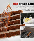 Close-up of tire repair strip with text descriptions, part of the 10 Piece Tire Repair Kit With T Handle Tools And Storage Case Fix Flat Punctures Fast No Tire Removal Needed Ideal For Car Truck Motorcycle And ATV For Roadside Emergencies And Everyday On The Go