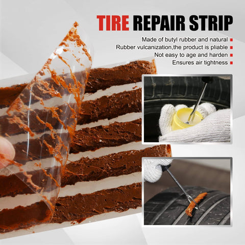 Close-up of tire repair strip with text descriptions, part of the 10 Piece Tire Repair Kit With T Handle Tools And Storage Case Fix Flat Punctures Fast No Tire Removal Needed Ideal For Car Truck Motorcycle And ATV For Roadside Emergencies And Everyday On The Go