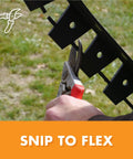 Hand using shears to cut Snip To Flex Paver Edging Kit For DIY Landscaping, 60 Feet Of Pro Grade Plastic Edging, 10 Six Foot Segments.