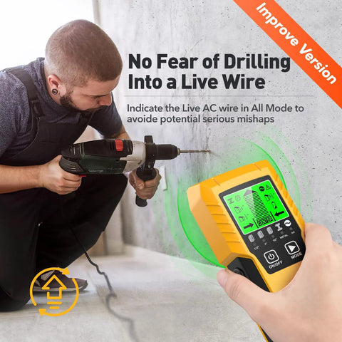 Person using 5 In 1 Wall Scanner And Stud Locator For Wood And Metal on concrete wall, detecting live AC wires, no fear of drilling mishaps.