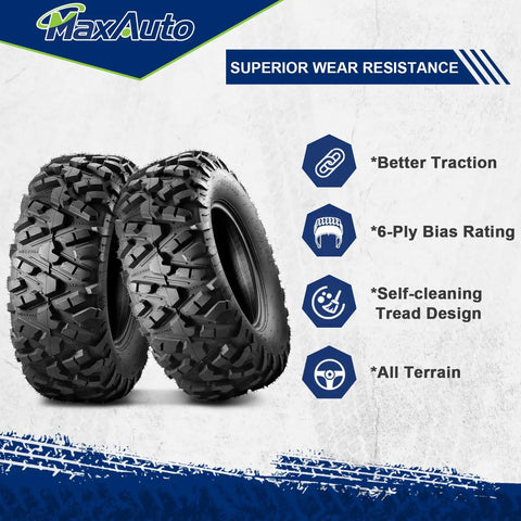 Beefy All Terrain ATV UTV Tires 25x10x12 For Mud And Sand Off Road Trails Two Pack Tubeless 6PR shown with features
