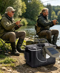 Men fishing by a lake with Solar Powered Aerator With Back Clip, 2600mAh Battery, Three Modes, Portable Air Pump beside them