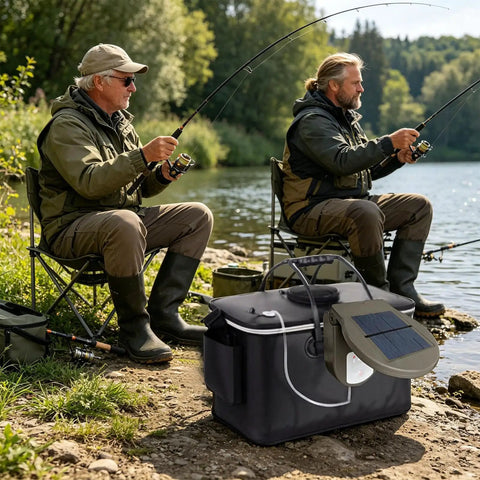 Men fishing by a lake with Solar Powered Aerator With Back Clip, 2600mAh Battery, Three Modes, Portable Air Pump beside them