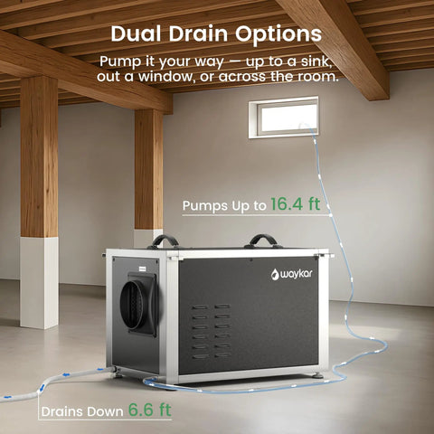Heavy-Duty 216 Pint Crawl Space Dehumidifier With Built-In Pump And Remote Control For Whole House And Basement, 8000 Sq Ft Coverage, showing dual drain options and water outlet.
