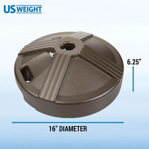 Fillable Bronze Patio Table Umbrella Base Built To Last And Heavy Duty With 3 Point 5 Pound Weight Fits One To One And A Half Inch Poles Rustproof UV Stabilized Polymer Weatherproof Design For Years Of Outdoor Use showcasing measurements