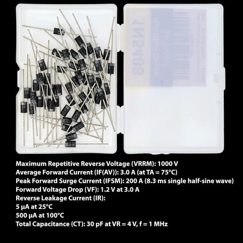 1N5408 Rectifier Diode Pack Of 50 High Current Silicon Diodes 3 Amp 1000 Volt in open plastic case