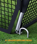 Close-up of U-shape ground pegs for 40 Foot Batting Cage For Baseball And Softball With Sock Pocket Freestanding Frame Heavy Duty Net.