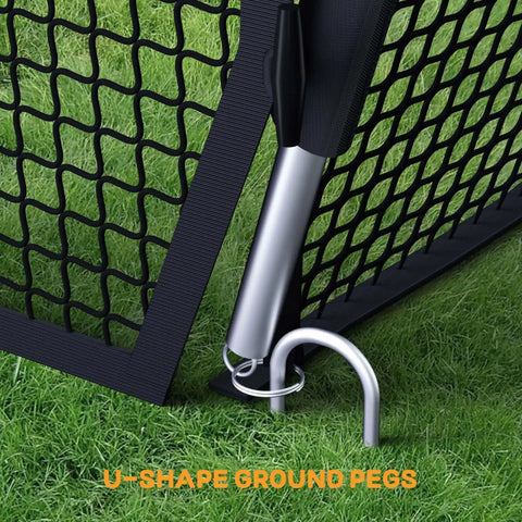 Close-up of U-shape ground pegs for 40 Foot Batting Cage For Baseball And Softball With Sock Pocket Freestanding Frame Heavy Duty Net.