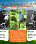 Cordless 21V Weed Eater With Stringless Design in use, showing adjustable length and 3 blade types in a garden setting.