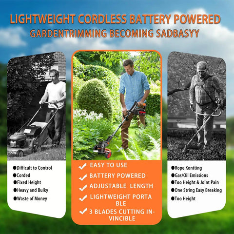 Cordless 21V Weed Eater With Stringless Design in use, showing adjustable length and 3 blade types in a garden setting.