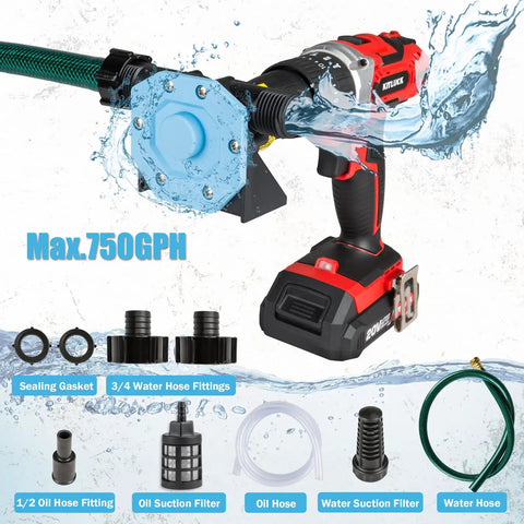 Heavy Duty Hand Drill Pump Moving 750 Gph Water Transfer Loads with robust suction tubing and adapters for flooding cleanup.