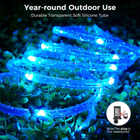 Color Changing Rope Lights Outdoor 33ft 100 LED String Lights With Plug And Remote Waterproof Twinkle Rope Light glowing blue