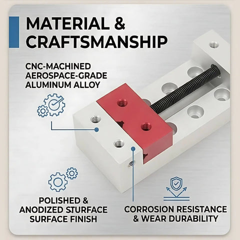 2 Inch Mini Drill Press Bench Vise Clamp With Aluminum Flat Jaw Opening 50mm Clamping Range showing aerospace-grade material.