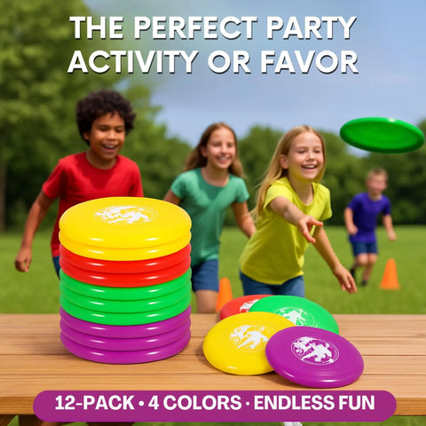 12 Pack Plastic Flying Discs for Outdoors and Beach Games Totally Great for Kids and Adults, stack of colorful 9-inch discs