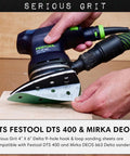 320 Grit 4x6 Delta Sanding Sheets For Festool DTS 400 And Mirka Deos Delta Sanders in use on wood surface