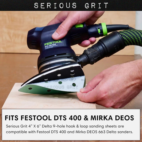 320 Grit 4x6 Delta Sanding Sheets For Festool DTS 400 And Mirka Deos Delta Sanders in use on wood surface