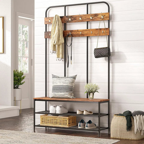 Spacious Rustic Brown Hall Tree With Bench And Coat Rack All In One Mud Room Storage With 12 Double Hooks And Shoe Organizer