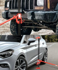 DNA Motoring 48'' farm jack, 3-ton red ratcheting high-lift jack shown attached under a vehicle.