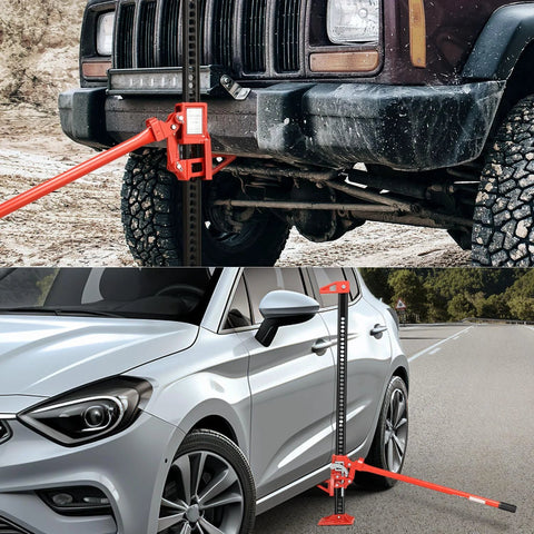 DNA Motoring 48'' farm jack, 3-ton red ratcheting high-lift jack shown attached under a vehicle.