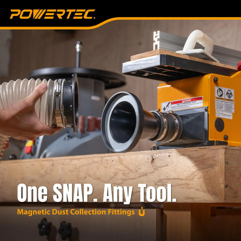 Attaching Magnetic Dust Collection Fittings Kit for Four Inch and Two And A Half Inch Quick Connect Hose to woodworking machine.