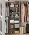 Six Tier Free Standing Closet Organizer In French Oak Finish features vertical storage with shelves for bags, shoes, and folded clothes.