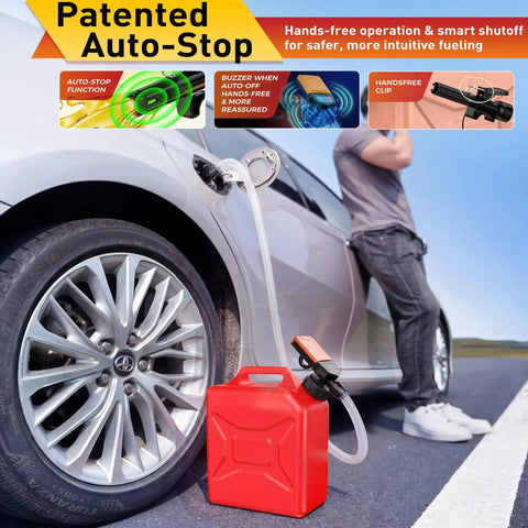 Slick Battery Powered Fuel Transfer Pump With Auto Stop Sensor For Spill Free Gas Moving, portable setup near car tire.