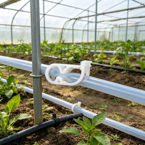 Ten Pack Plastic Tubing Clamps with Adjustable Flow Control for Quarter To Half Inch Tubes, used in greenhouse setup