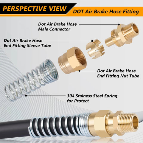 Air Brake Fittings Kit Beefed-Up Brass DOT 3/8 Inch Hose To 3/8 Inch Male Connector With Spring Guard diagram view