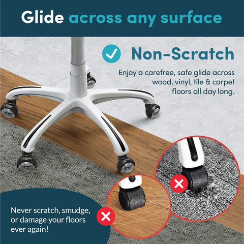 Heavy-duty office chair wheels for smooth, non-scratch glide on wood, tile, and carpets. Industrial steel cores with polyurethane casters.