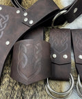 Medieval Belt Accessory Set 5 Piece For Renaissance Costumes With Viking Horn Belt Holster and Faux Leather Brown close-up