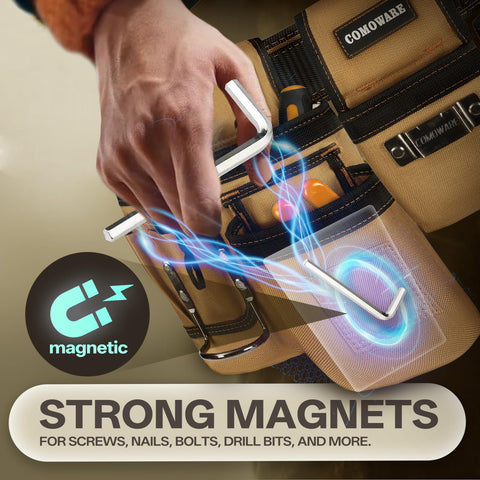 Heavy Duty Workhorse Tool Belt With Smart Magnetic Pocket Zone displays strong magnets for tool organization and access.