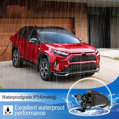 Heavy Duty CCS1 To Chademo EV Charger Adapter Featuring No Sweat Waterproof Build And Straight Up 1000V DC Fast Charging Power For Japanese Electric Cars Rolling Out used on red vehicle during rain.