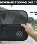 Performance Golf Glove Case with heavy duty hard shell, breathable mesh back, venting moisture, shown near golf course.