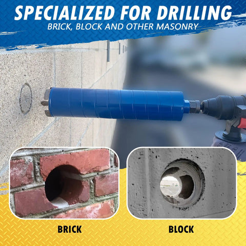 Two Inch Dry Diamond Core Drill Bits For Brick And Block With One Half Inch Shank Pilot Bit Adapter Heavy Duty displayed drilling brick and block
