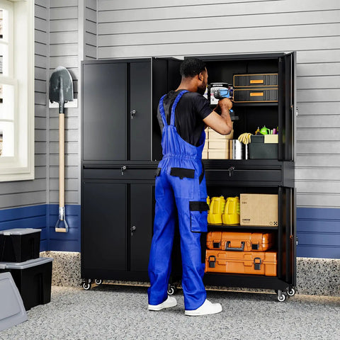Heavy Duty Metal Garage Storage Cabinet With Locking Doors And Adjustable Shelves 73 Inch Rolling Tool Cabinet With Four Wheels And One Drawer For Garage And Warehouse Black. A person organizing tools inside the cabinet.