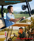 Magnetic Golf Cart Fan With Misting And 12000mAh Battery on golf cart providing cooling mist to driver, portable fan use.
