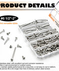 Close-up of Heavy Duty 304 Stainless Steel Screws Assortment Kit With Flat Head Wood Screws for no sweat DIY repairs, showcasing five sizes.